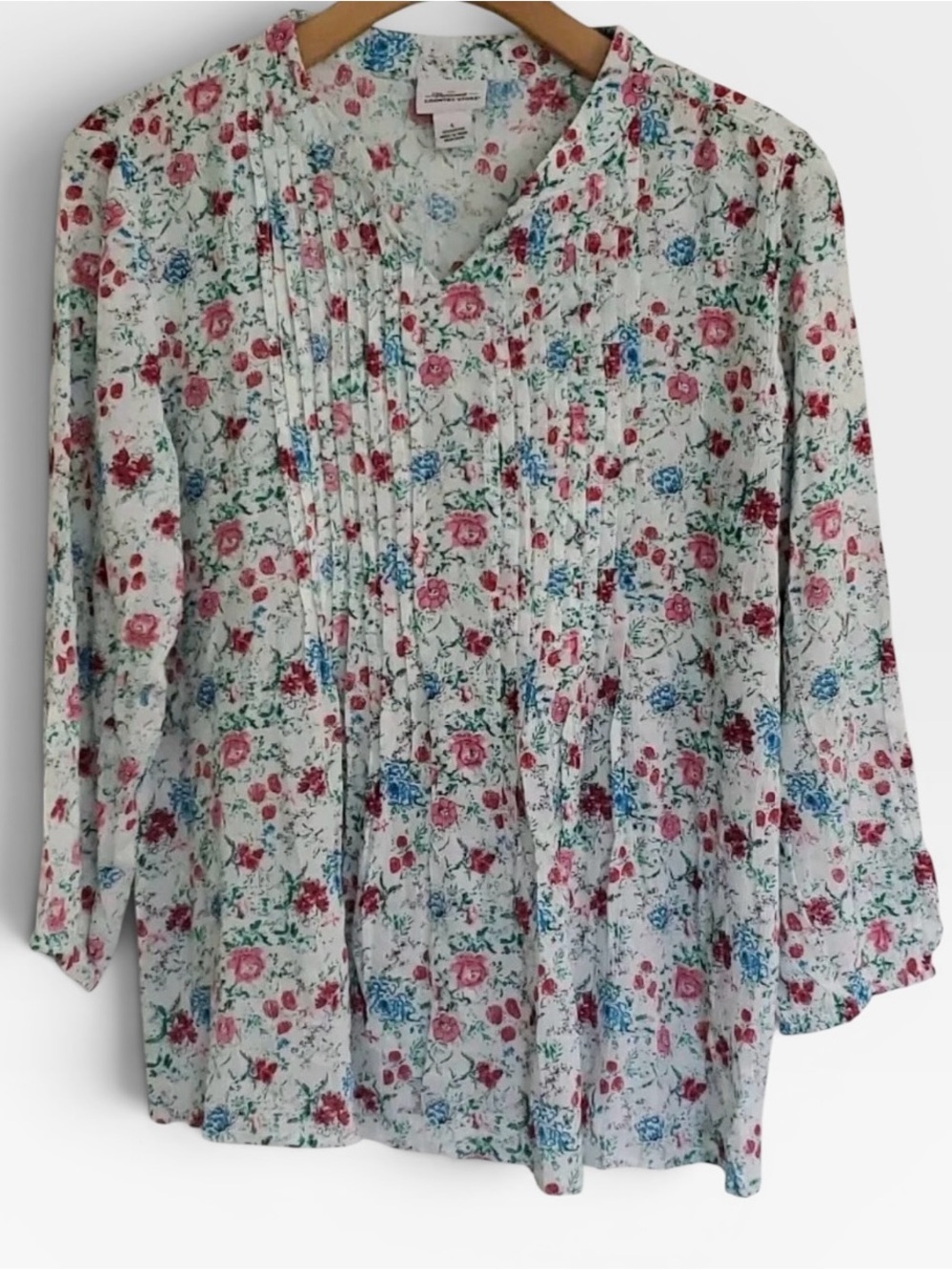 Lightweight Floral Pintuck Blouse in White with Pink & Blue Blooms